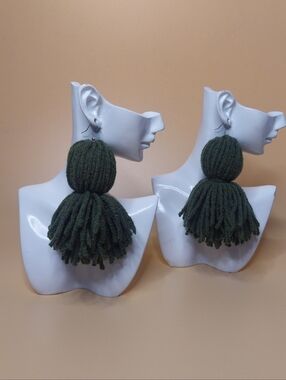 Handmade Olive Green Double Pom Tassel Earrings - Women Jewelry